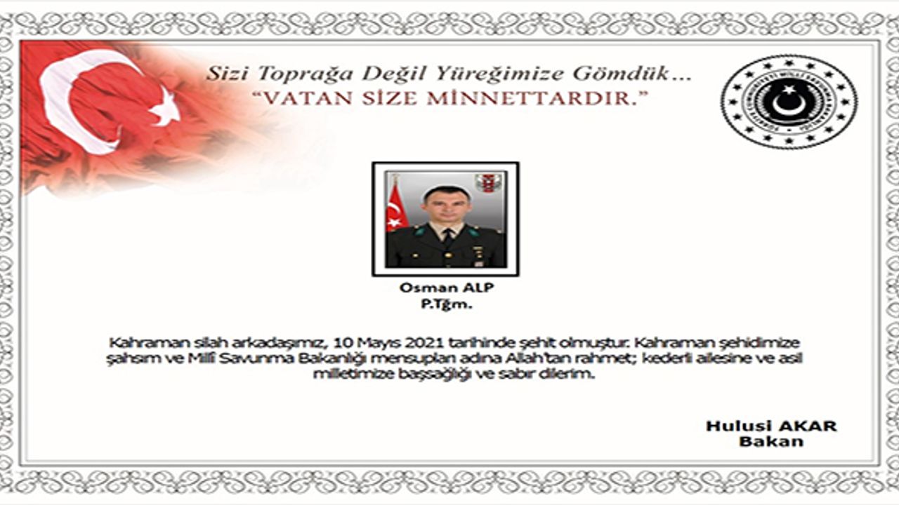 Milli Savunma Bakanı Akar'dan şehit Piyade Teğmen Alp için başsağlığı mesajı