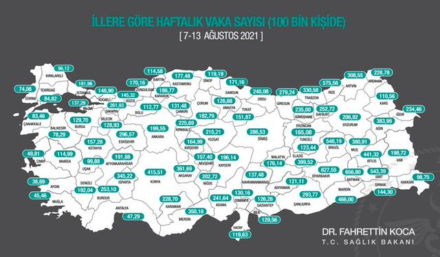 Bakan Koca haftalık koronavirüs vaka haritasını paylaştı